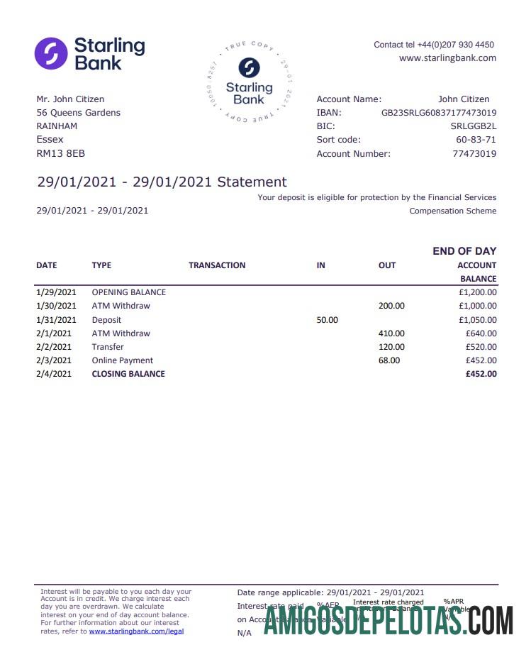 em branco Reino Unido Starling modelo de extrato bancário em formato de arquivo .xls e .pdf, bom para prova de endereço